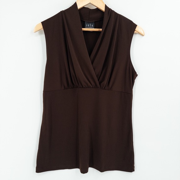 JKLA California Tops - Vintage Y2K Brown Sleeveless Draped Surplice‎ Top Womens L Stretchy Babydoll